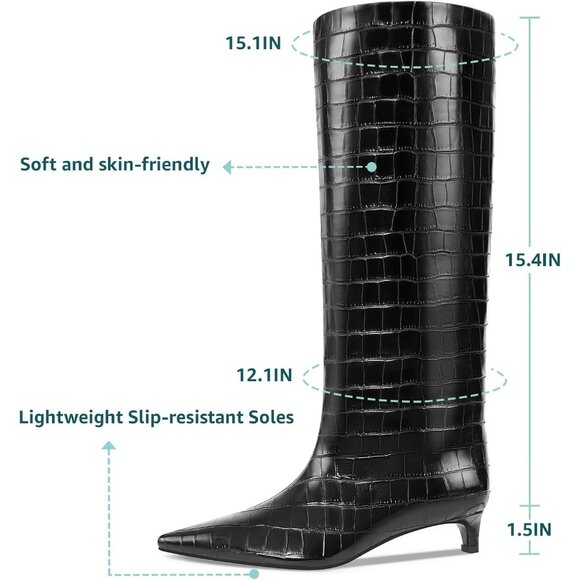 ⚡Women's Black Crocodile Knee High Boots 1.5-in Stiletto Low Heel Pointed Toe - Picture 4 of 8